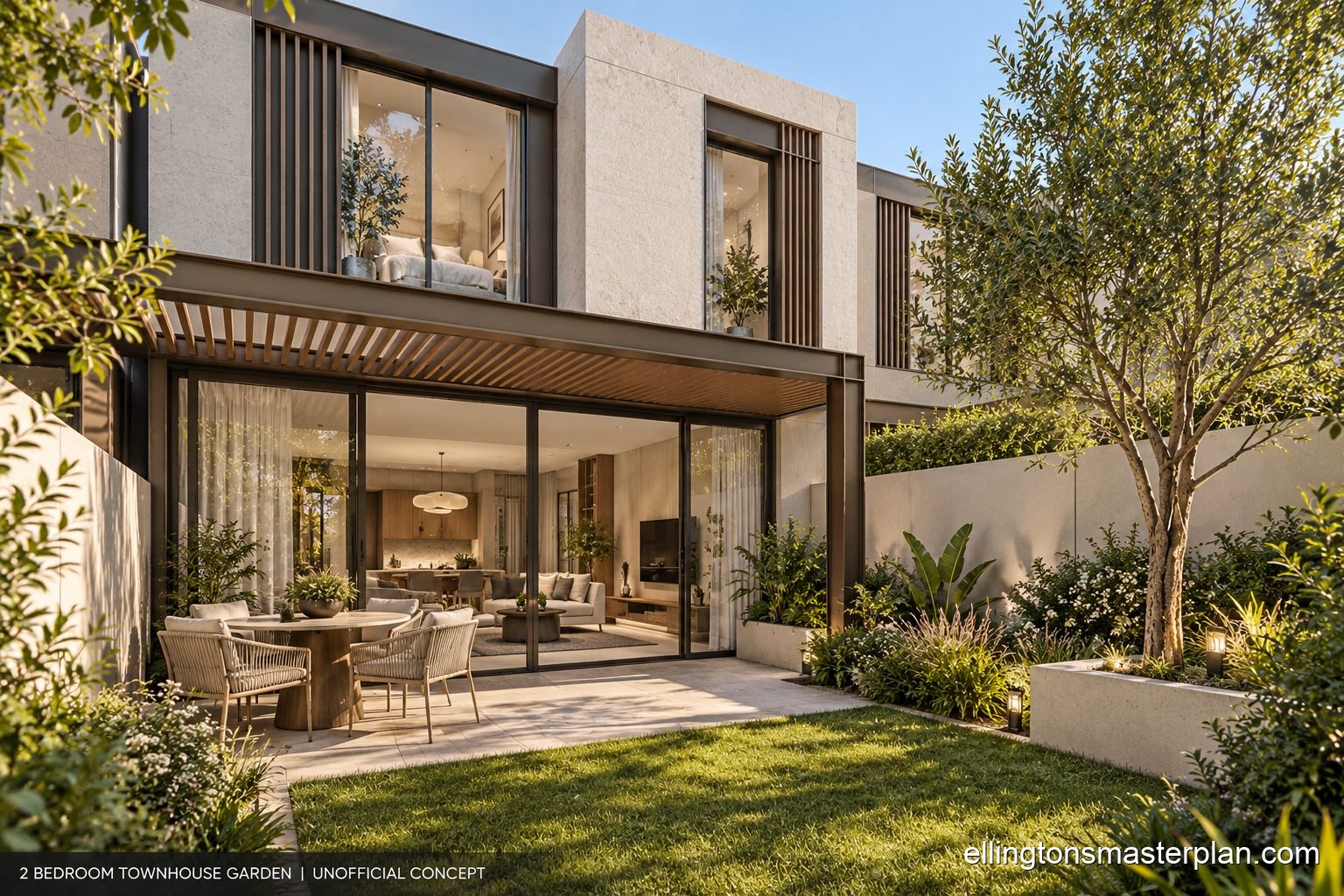 Concept of a compact townhouse garden with pergola